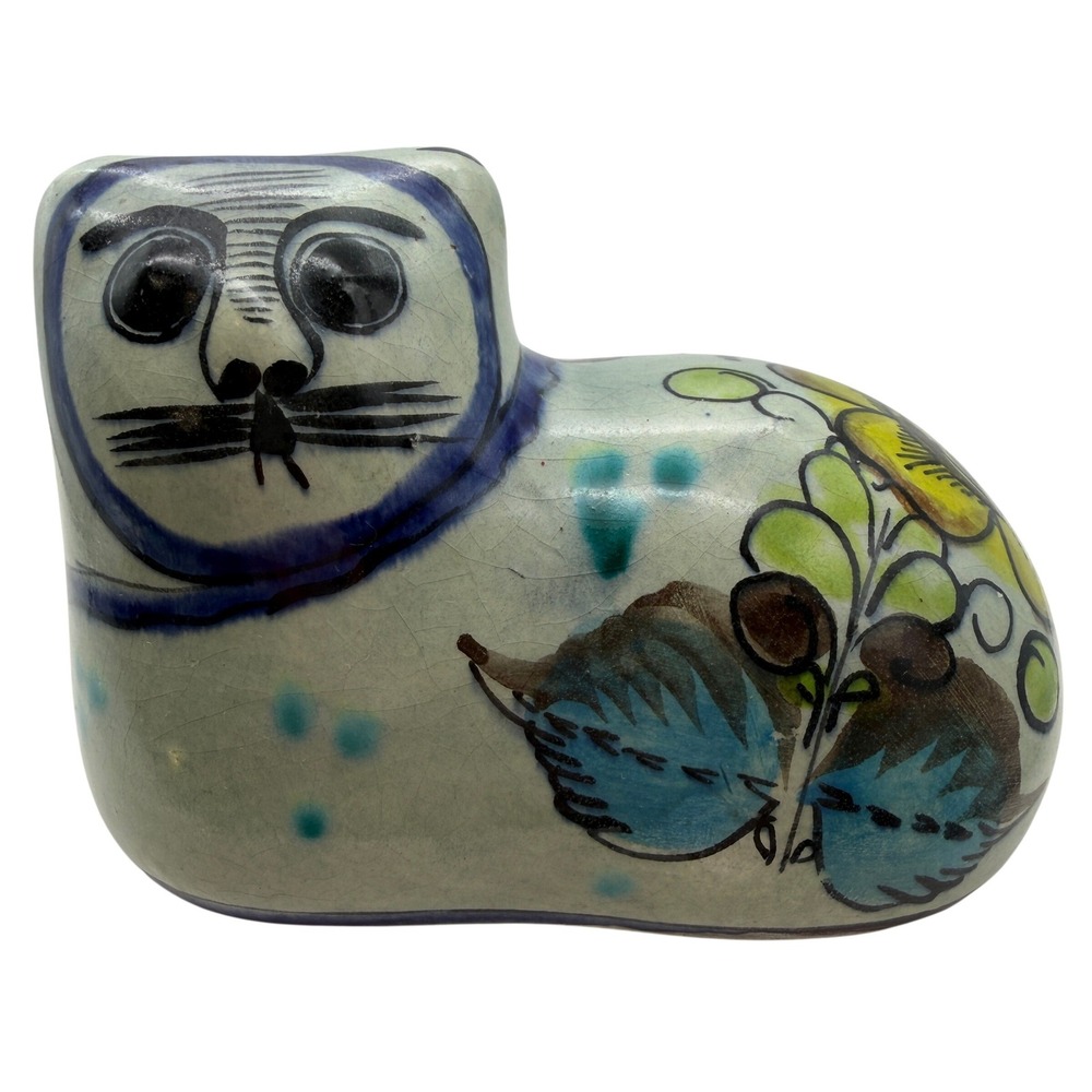VTG Tonala Mexico Pottery Cat Figurine Hand Painted Floral Folk Art 337